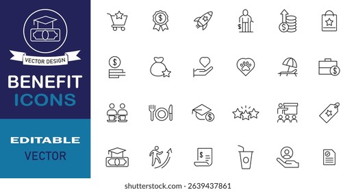 Benefit icon set in line style. Set of 24 line icons related to benefit. Included icons as reward, teamwork, insurance, paid vacation, pension, pay and more symbol collection. Vector illustration.