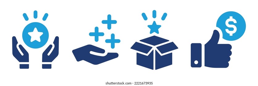 Benefit icon set. Revenue, surprise box, reward and special offer icons. Vector illustration.