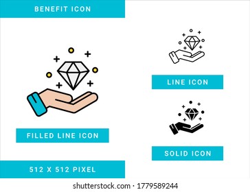 Benefit Icons Set Vector Illustration With Solid Icon Line Style. Loyalty VIP Member Symbol. Editable Stroke Icon On Isolated Background For Web Design, User Interface, And Mobile App