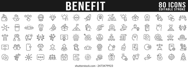 Benefit line icon big set. Reward, bonus, loyalty, star, winner, award, emploee etc. Editable stroke