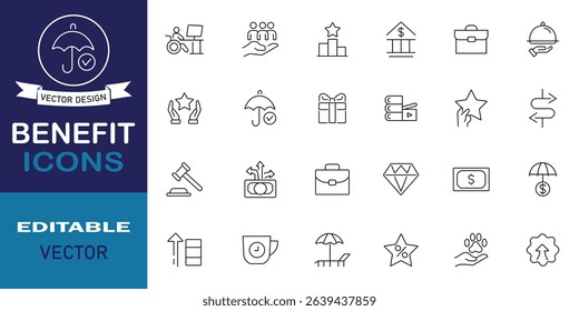 Benefit line icon set. Set of 24 line icons related to benefit. Included icons as reward, teamwork, insurance, paid vacation, pension, pay and more symbol collection. Vector illustration.