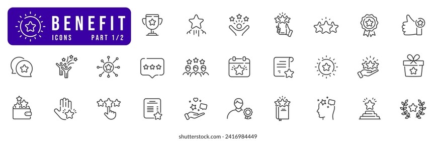 Benefit line icon set. Reward, bonus, loyalty, star, winner, award etc. Editable stroke