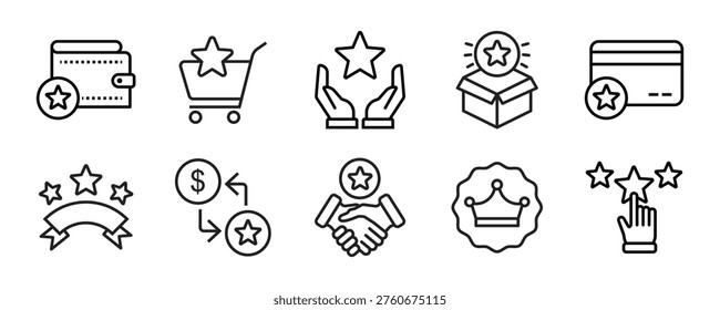 Benefit line icon set. Reward, bonus, loyalty, star, winner, award, employees etc. Editable stroke	