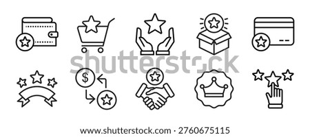 Benefit line icon set. Reward, bonus, loyalty, star, winner, award, employees etc. Editable stroke	