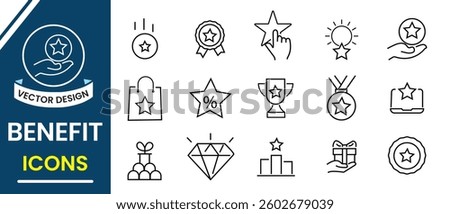 Benefit line icon, vector set. Bonus, benefit,  reward, loyalty, star, winner, award, prize, incentive and more line icon set. Vector illustration.