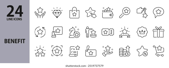 Benefit line icons set with Present, Coupon, Reward, Card, Profit, Star, Gift and more. Editable Stroke