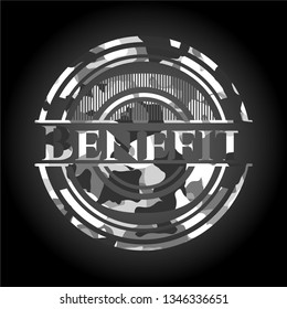 Benefit on grey camouflaged texture