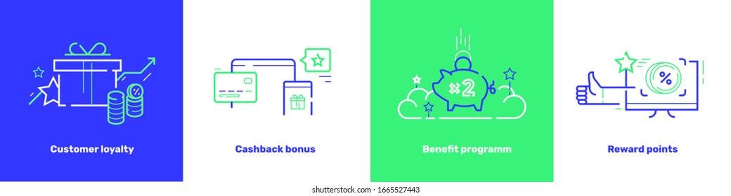 Benefit program, customer loyalty, reward points, cashback icon concept.  Referral revenue template with credit card, pig, stars, wallet, gift box, coin, bonus elements. Isolated vector illustration