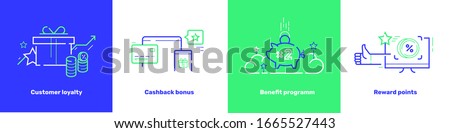 Benefit program, customer loyalty, reward points, cashback icon concept.  Referral revenue template with credit card, pig, stars, wallet, gift box, coin, bonus elements. Isolated vector illustration