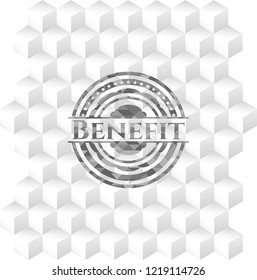 Benefit realistic grey emblem with geometric cube white background