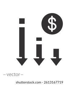 benefit reduce dollar, financial risk icon, reduction cost, flat vector illustration