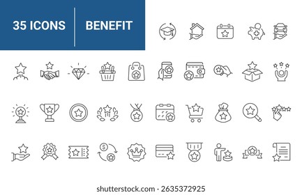 Benefit set of icons in line style. Containing reward, bonus, loyalty, star, winner, award, prize, incentive, and reward. suitable for applications and web. vector illustration.