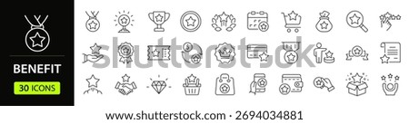 Benefit set of web icons in line style. Exclusive benefits linear icons collection. Containing reward, bonus, loyalty, star, winner, award, prize, incentive, reward  and more. Editable stroke