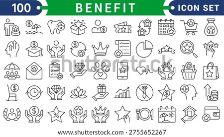 Benefit set of web icons in line style. Exclusive benefits linear icon collection. Containing reward, bonus, loyalty, star, winner, award, prize, incentive, reward and more. Editable stroke