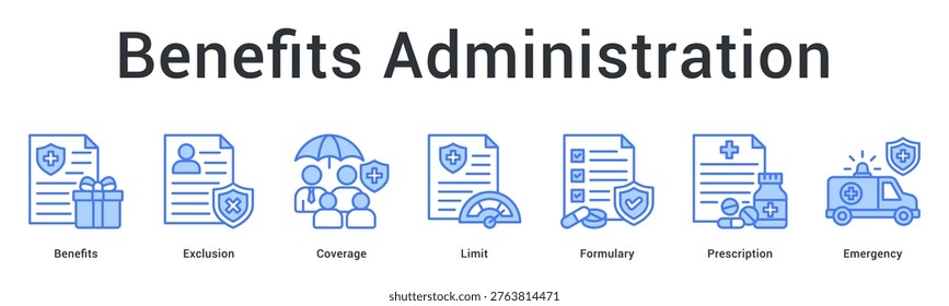 Benefits administration banner web icon manages covered services, exclusions, formulary drugs and emergency care limits.