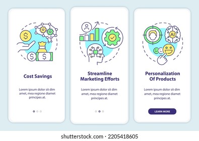 Benefits of AI in marketing onboarding mobile app screen. Walkthrough 3 steps editable graphic instructions with linear concepts. UI, UX, GUI template. Myriad Pro-Bold, Regular fonts used