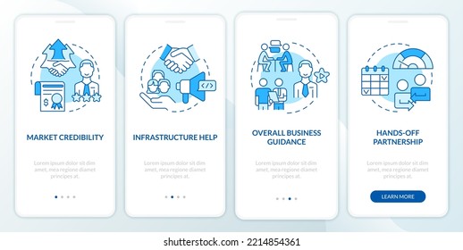 Benefits of alternative lending blue onboarding mobile app screen. Walkthrough 4 steps editable graphic instructions with linear concepts. UI, UX, GUI template. Myriad Pro-Bold, Regular fonts used