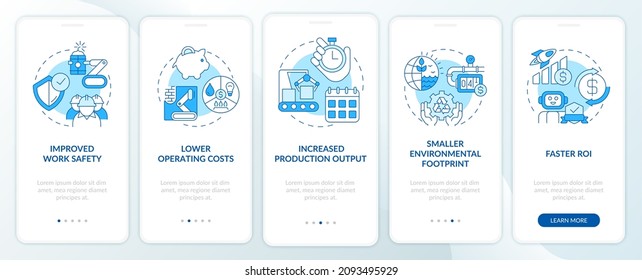 Benefits of automation blue onboarding mobile app screen. Production walkthrough 5 steps graphic instructions pages with linear concepts. UI, UX, GUI template. Myriad Pro-Bold, Regular fonts used