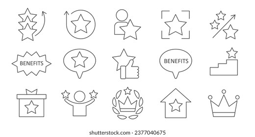 Benefits, award, winner star vector line icon set