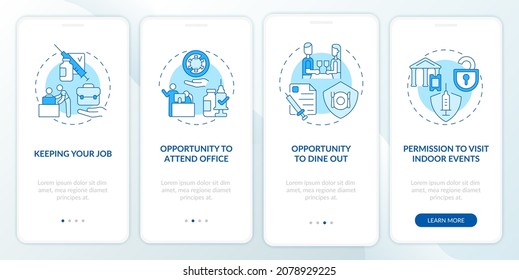 Benefits of being vaccinated onboarding mobile app page screen. Keeping your job walkthrough 4 steps graphic instructions with concepts. UI, UX, GUI vector template with linear color illustrations