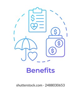 Benefits blue gradient concept icon. Payment practice, salary. Insurance umbrella, healthcare. Round shape line illustration. Abstract idea. Graphic design. Easy to use in infographic, presentation