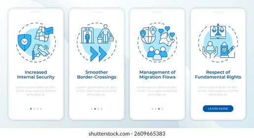 Benefits of border management blue onboarding mobile app screen. Walkthrough 4 steps editable graphic instructions with linear concepts