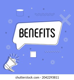 Benefits bubble vector on bright blue background. Comic speech bubble. Cartoon comic explosion. Colorful speech balloon with megaphone.  Massages and talk signs for app, web.