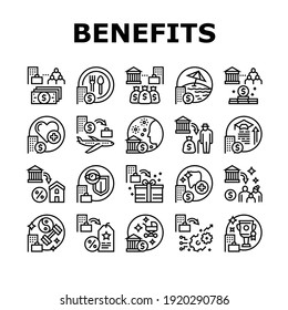 Benefits For Business Collection Icons Set Vector. Benefits For Employees And Social Protection, Free Lunch And Transport, Career And Experience Black Contour Illustrations
