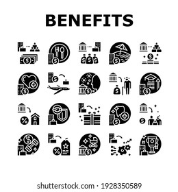 Benefits For Business Collection Icons Set Vector. Benefits For Employees And Social Protection, Free Lunch And Transport, Career And Experience Glyph Pictograms Black Illustrations