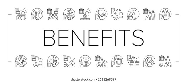 Benefits For Business Collection Icons Set Vector. Benefits For Employees And Social Protection, Free Lunch And Transport, Career And Experience Black Contour Illustrations