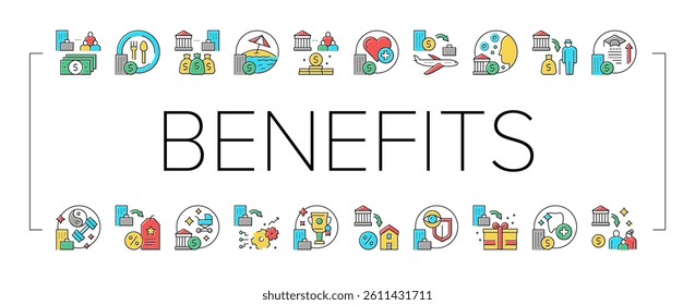 Benefits For Business Collection Icons Set Vector. Benefits For Employees And Social Protection, Free Lunch And Transport, Career And Experience Concept Linear Pictograms. Contour Color Illustrations