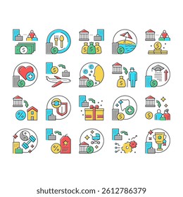 Benefits For Business Collection Icons Set Vector. Benefits For Employees And Social Protection, Free Lunch And Transport, Career And Experience Concept Linear Pictograms. Contour Color Illustrations
