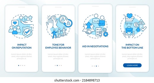 Benefits of business ethics blue onboarding mobile app screen. Walkthrough 4 steps editable graphic instructions with linear concepts. UI, UX, GUI template. Myriad Pro-Bold, Regular fonts used