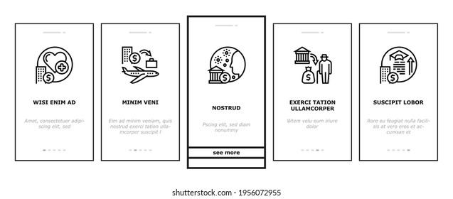 Benefits For Business Onboarding Mobile App Page Screen Vector. Benefits For Employees And Social Protection, Free Lunch And Transport, Career And Experience Illustrations