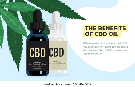 The benefits of cannabidiol(CBD), combination with THC, reduce pain and associated with diseases. Hemp CBD oil drops in black and white bottles product.