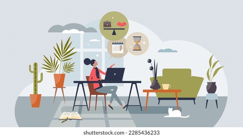 Benefits and challenges of remote work time management tiny person concept. Scale with pros and cons for working from home and office or private life with relationship balance vector illustration.