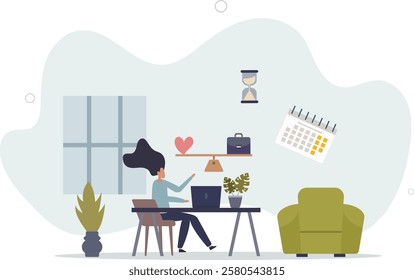 Benefits and challenges of remote work time management .Scale with pros and cons for working from home and office or private life with relationship balance .flat characters.