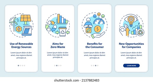 Benefits Of Circular Economy Onboarding Mobile App Screen. Zero Waste Walkthrough 4 Steps Graphic Instructions Pages With Linear Concepts. UI, UX, GUI Template. Myriad Pro-Bold, Regular Fonts Used