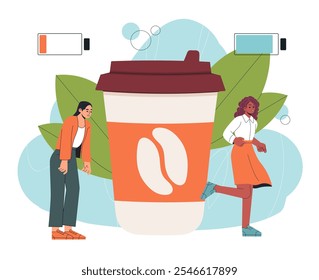 Beneficios del café. Mujer antes y después de la taza de café. Indicador de energía de batería baja y alta. Energía y refrescos. Chica con bebida caliente. Ilustración vectorial plana aislada sobre fondo blanco