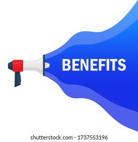 Benefits concept. Badge with megaphone icon. Flat vector illustration on white background