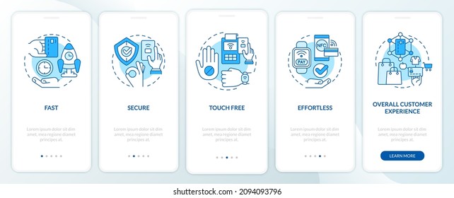 Benefits of contactless payments blue onboarding mobile app screen. Walkthrough 5 steps graphic instructions pages with linear concepts. UI, UX, GUI template. Myriad Pro-Bold, Regular fonts used