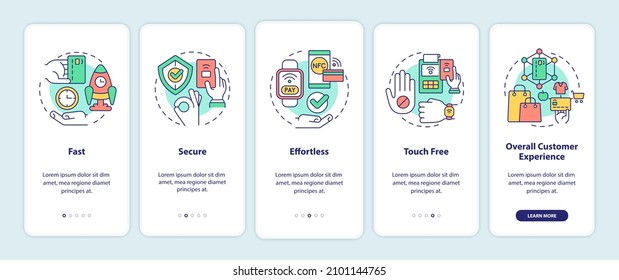 Benefits of contactless payments onboarding mobile app screen. Service walkthrough 5 steps graphic instructions pages with linear concepts. UI, UX, GUI template. Myriad Pro-Bold, Regular fonts used