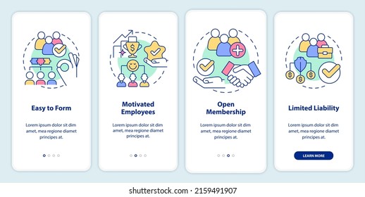 Benefits of co-ops onboarding mobile app screen. Partnership walkthrough 4 steps graphic instructions pages with linear concepts. UI, UX, GUI template. Myriad Pro-Bold, Regular fonts used