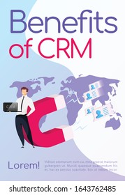 Benefits of CRM poster flat vector template. Businessman keeps laptop. Magnet attracts clients. Brochure, booklet one page concept design with cartoon characters. Sales automation flyer, leaflet