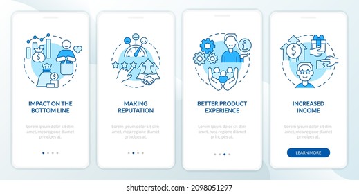 Benefits of customer service blue onboarding mobile app screen. Walkthrough 4 steps graphic instructions pages with linear concepts. UI, UX, GUI template. Myriad Pro-Bold, Regular fonts used