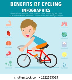 benefits of cycling, infographics, Fitness and sports statistics infographics with bicycle, Smiling cartoon man riding on a bike with infographic, Flat style. vector illustration