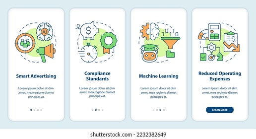 Benefits of data management systems onboarding mobile app screen. Walkthrough 4 steps editable graphic instructions with linear concepts. UI, UX, GUI template. Myriad Pro-Bold, Regular fonts used