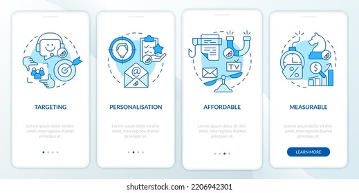 Benefits of direct marketing blue onboarding mobile app screen. Walkthrough 4 steps editable graphic instructions with linear concepts. UI, UX, GUI template. Myriad Pro-Bold, Regular fonts used