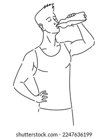 Benefits drinking water in coloring style. Healthy human body hydration, man with bottle drinks water. Healthcare drink illustration. Healthy Lifestyle concept