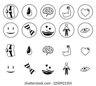 Benefits drinking water, icons set. Healthy human body hydration. Icons of advantages. Healthcare drink infographic, lubricated joints and muscle tone